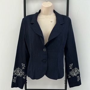 Denny Rose Embroidery Strips Long Sleeve Blue Blazer Women Size M New